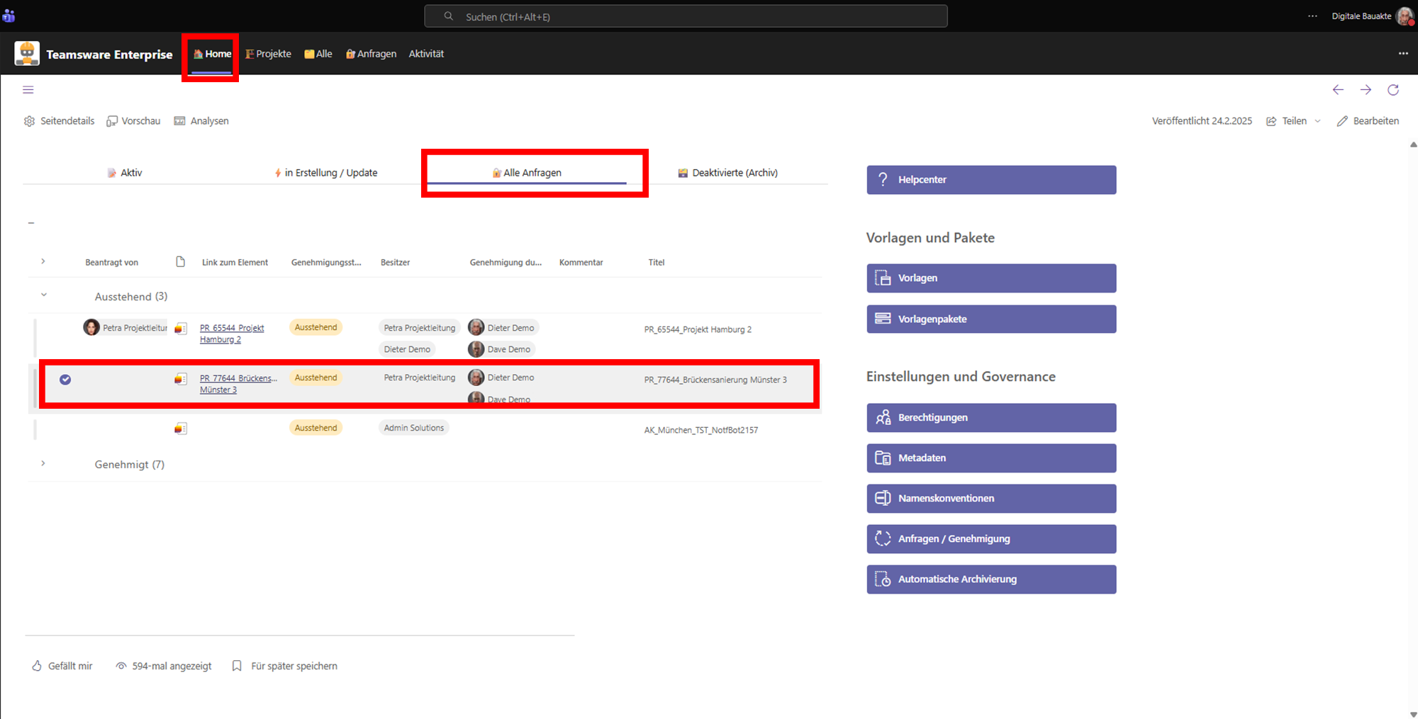 Opening a request in the Construction File