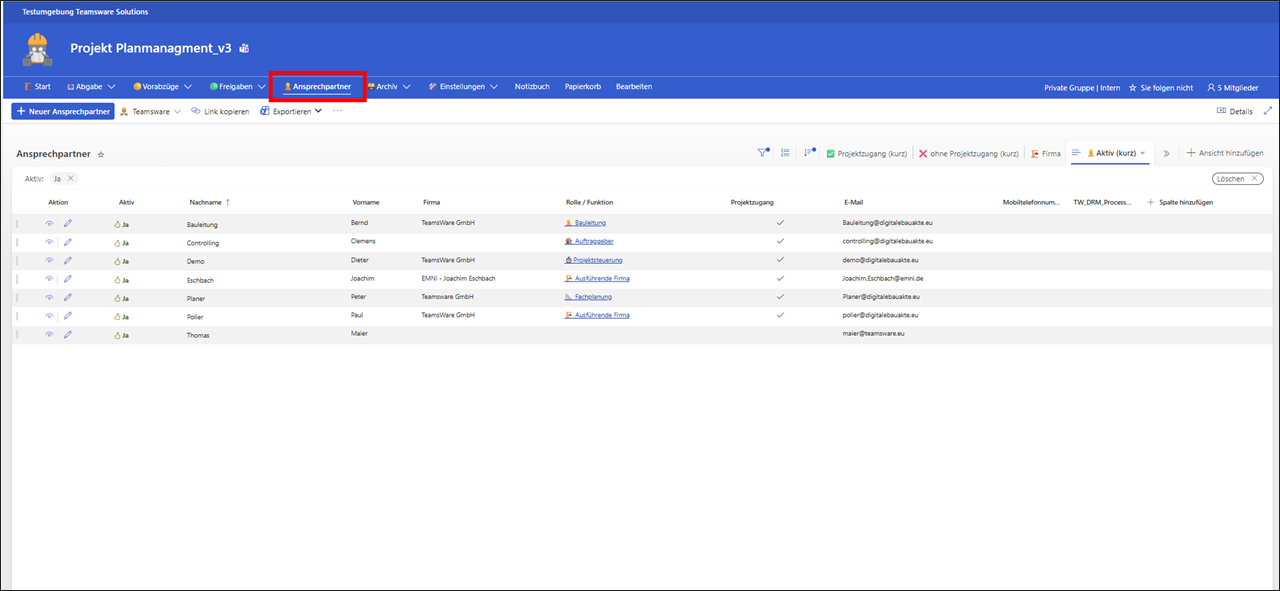 Ansprechpartnerliste Übersicht